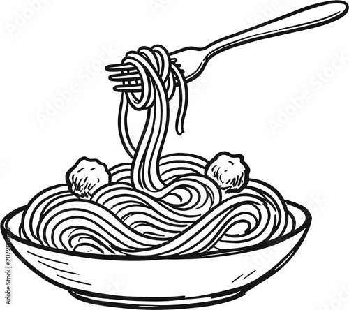 Bowl of spaghetti with fork hand drawn black and white line art illustration