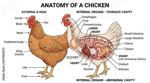 Educational anatomy chart of chicken external and internal organ systems