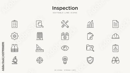 Set of minimalist flat line icons for construction and building inspection process . Vector. Illustration.