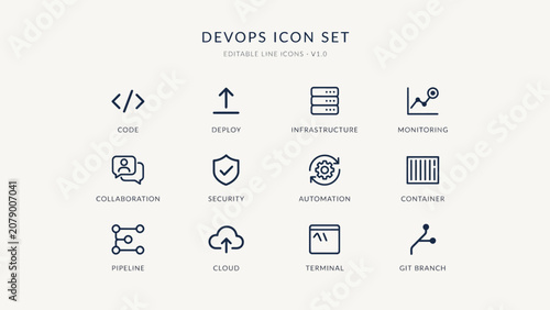 Minimalist devops icon set featuring twelve essential development operation symbols . Vector. Illustration.