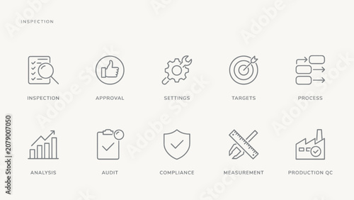 Minimalist quality control process icons set with inspection approval and analysis symbols . Vector. Illustration.