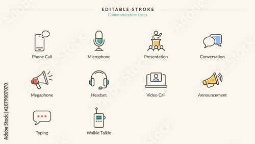 Editable flat icons set of different communication methods and tools . Vector. Illustration.