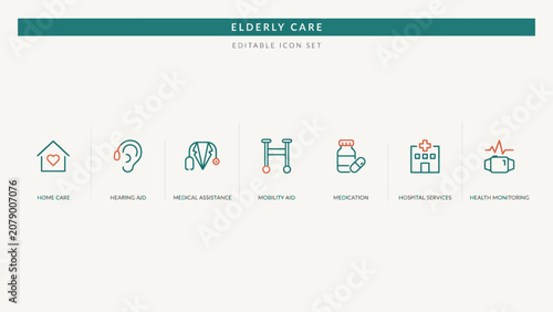 Elderly care editable icon set with home care, hearing aid, medical assistance and more . Vector. Illustration.
