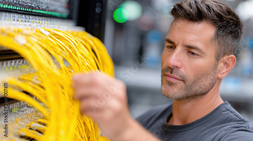 Network technician adjusting yellow fiber cables and connector on server rack for it infrastructure maintenance and data center background