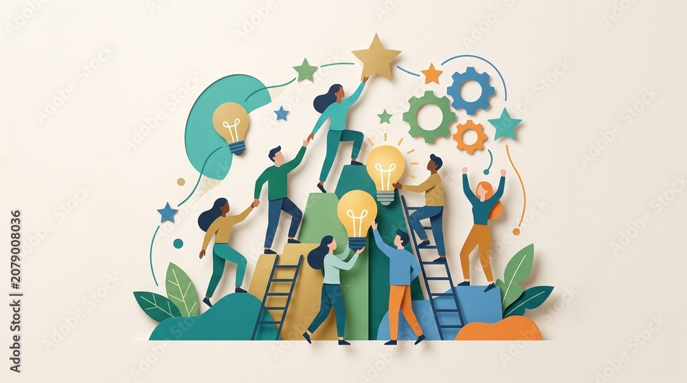 Fototapeta premium Business teamwork and collaboration concept illustration in paper cut style showing people working together for success, growth, and innovation.