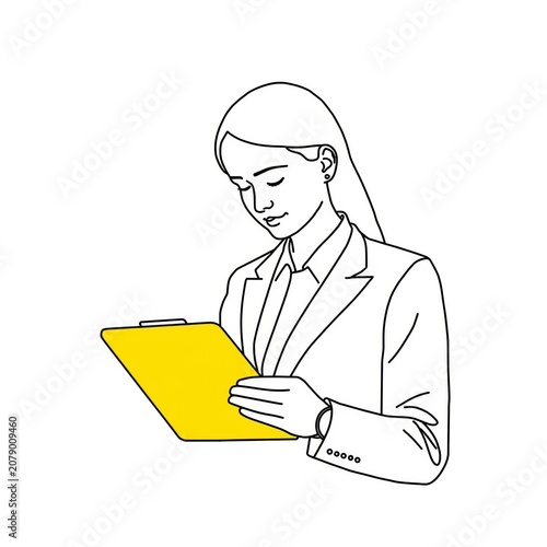 Business woman holding a yellow clipboard line art drawing