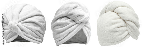 Cuadro en lienzo Three views of a white terry cloth hair drying towel turban, isolated on a white