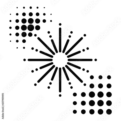 Abstract minimalist sunburst symbol with geometric halftone dot patterns.