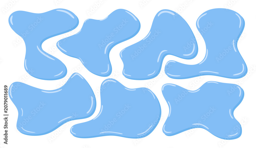 Fototapeta premium Water drop and spill puddle vector icon set. Blue liquid splashes. Clean rain droplet collection. Pure and clear aqua blobs, bubbles of different shapes. Wet fluid in flat style. Vector