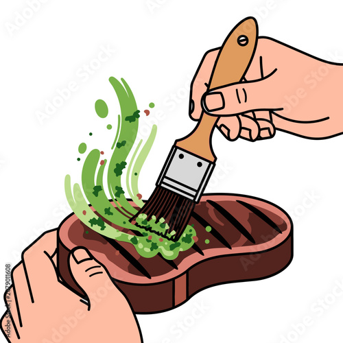 Hands basting a grilled steak with green sauce using a brush.