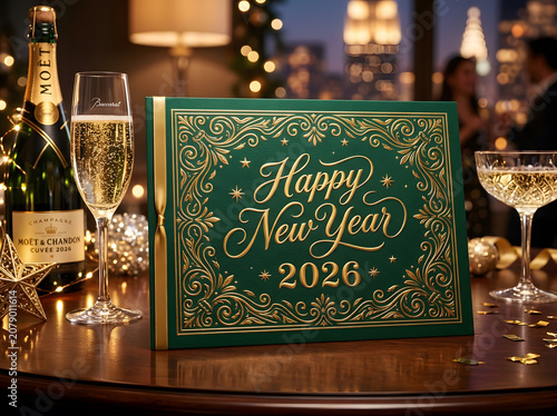 Happy new year 2026 greeting card with champagne bottle and glasses, North America.