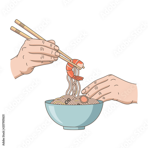 Hands holding chopsticks picking up shrimp from noodle bowl.