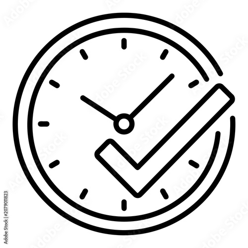 Black and white outline icon of a clock with a checkmark symbol.