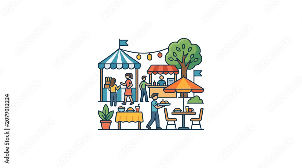 Naklejka premium Outdoor food market scene with stalls, people, and dining area, flat design illustration.