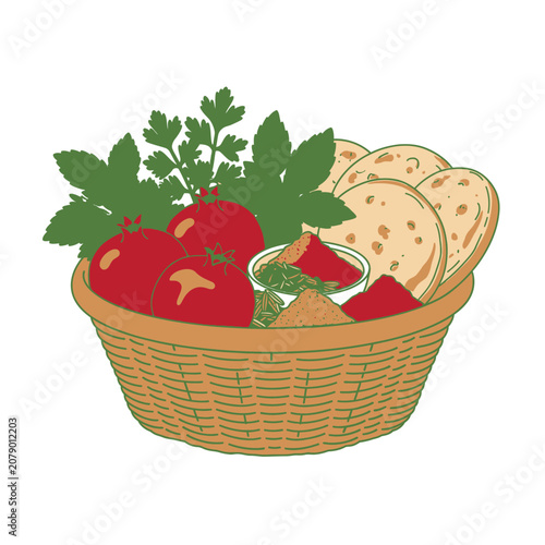 Woven basket filled with fresh tomatoes herbs crackers and dip.
