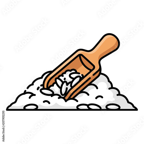 Wooden Scoop in a Pile of White Rice Grains.