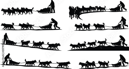 Dog Sled Team Silhouette Collection with Musher in Winter Adventure Poses Isolated on White
