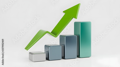 3d rendered business growth chart with green arrow