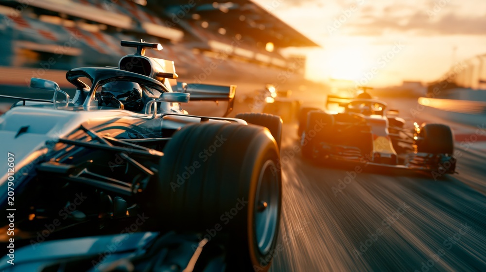 Obraz premium High speed formula one racing cars on track at sunset with dramatic motion blur and golden lighting.