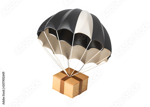 Cardboard box suspended by black and white parachute isolated on transparent background
