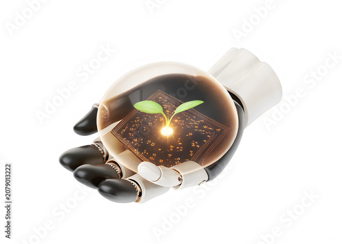 Robotic hand holding a glowing microchip with a green plant sprout isolated on transparent background