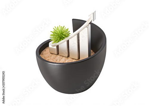 Silver upward arrow with green plant growing in black bowl isolated on transparent background