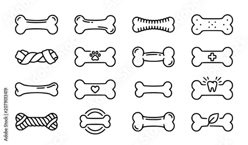 Dog Bone Treat and Chew Toy Outline Icons Collection Isolated on White Background Vector Set