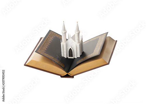 White church model standing on open book with decorative pages isolated on transparent background