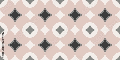 ​Retro geometric seamless pattern with circles and stars in pastel pink, grey, and cream.