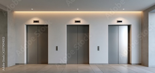 Inside a contemporary residential building, a minimalist elevator lobby features closed doors, soft lighting, and neutral decor.