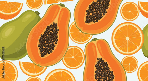 Tableau sur toile Fresh tropical fruit pattern with halved papayas and orange slices