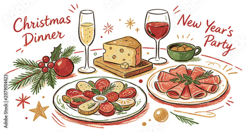 Christmas dinner table icons. Wine or champagne glass, cheese, charcuterie drawings for new year invitations, cafe menus and parties. Christmas in sketch style.
