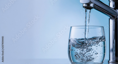 Fresh clean water pouring from a shiny chrome kitchen faucet into a clear glass, creating refreshing bubbles and ripples, studio shot.