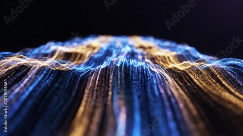 Abstract 3D Animation of Glowing Blue and Gold Fiber Optic Data Strands Flowing in Waves on Dark Background
