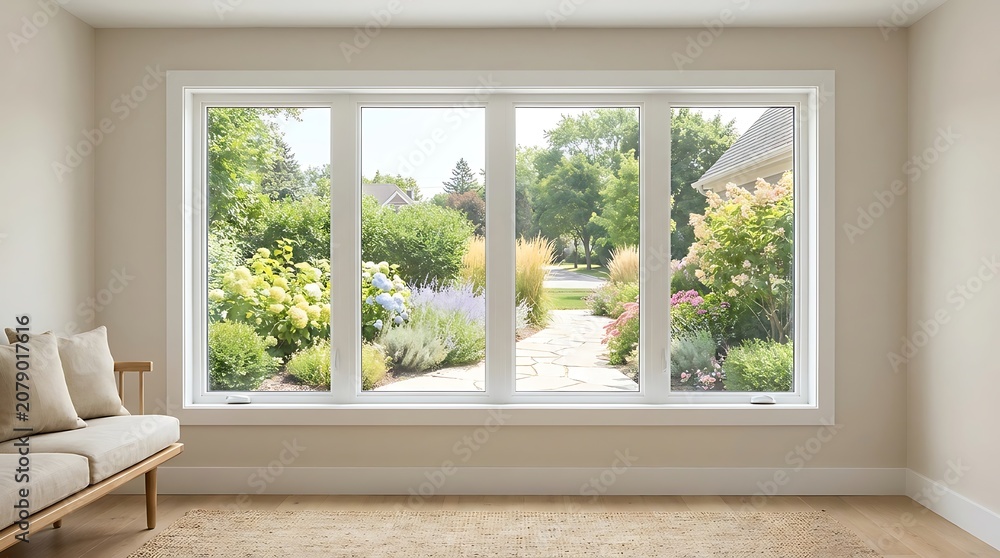 Fototapeta premium Bright modern room with large window overlooking lush garden pathway