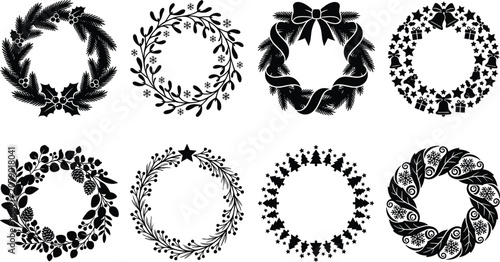 Decorative Holiday Wreath Silhouettes Featuring Pine, Holly, Ribbons, and Festive Elements for Seasonal Design