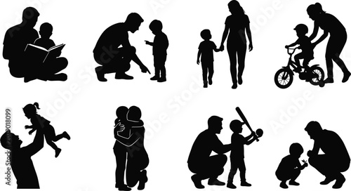 Принти на полотні Parent child silhouettes, family bonding vector, nurturing icons, teaching illus