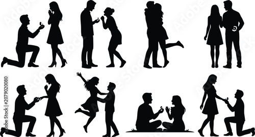 Romantic Couple Silhouettes Featuring Marriage Proposal, Love, and Affection Scenes for Design Projects