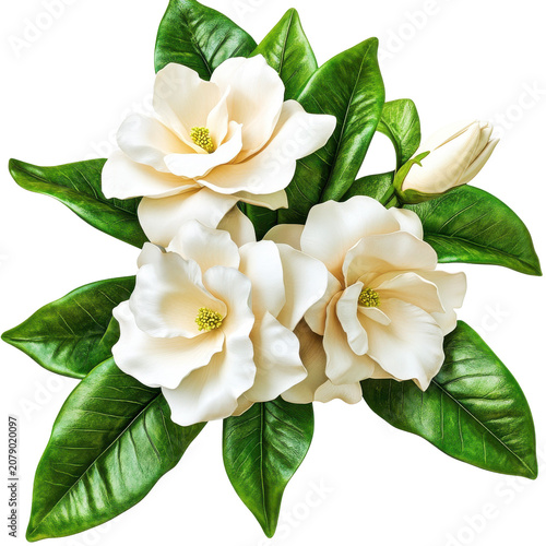 Elegant ivory magnolia blossoms with vibrant green leaves and a closed bud isolated on white background