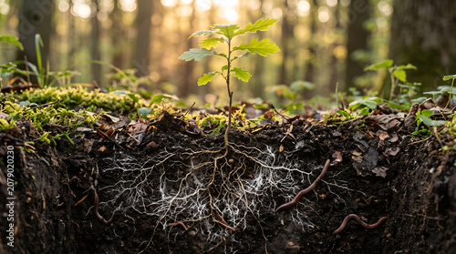 Young tree supported by healthy mycorrhizal fungi beneath the soil. Perfect for climate education, forest restoration, regenerative agriculture, and environmental awareness.