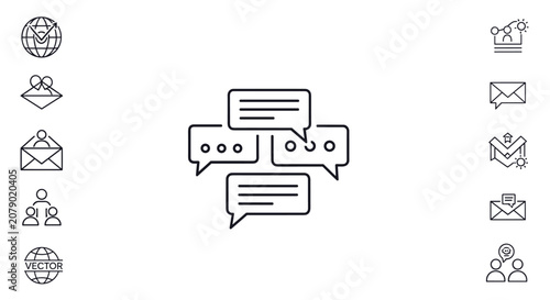 Minimalist line icon set showing chat messaging, speech bubbles, global communication, and mail notification symbols.