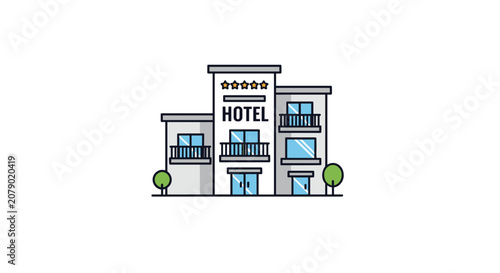 Modern luxury hotel building with balconies, entrance, and five stars symbol representing premium accommodation services.
