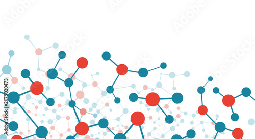 Scientific background with abstract molecular structure model featuring connected red and blue chemistry nodes.