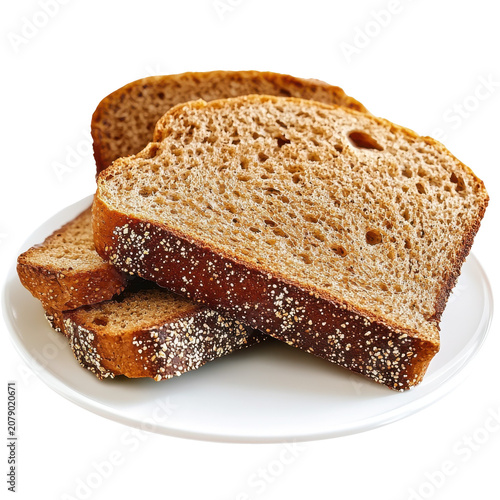 Stacked slices of seeded rye bread on a white plate close-up view isolated on white background