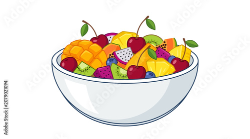 Quadro su tela Colorful fruit bowl, mixed fruits, healthy snack, vector illustration, white bow