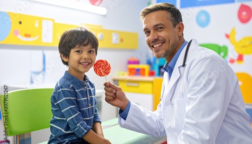 Doctor offers lollipop to happy child after medical visit