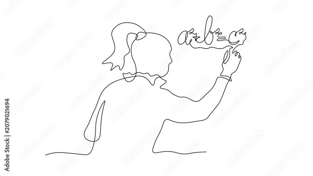 Obraz premium Continuous line drawing of a woman or girl writing the Pythagorean theorem formula, minimalist one line art style, mathematics education concept