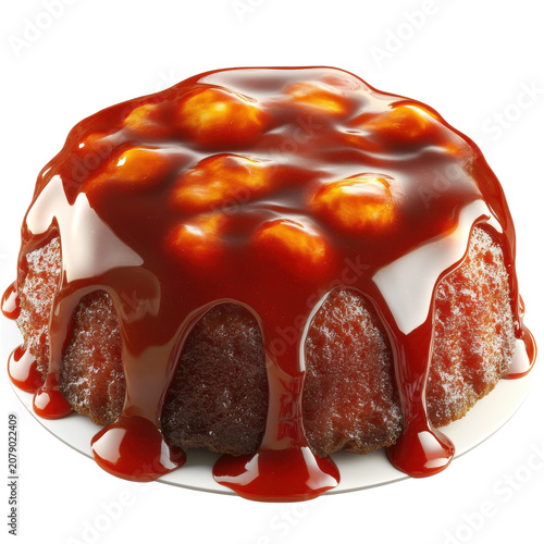 Delicious caramel-glazed bundt cake with candied fruit topping dripping with sweet sauce isolated on white background