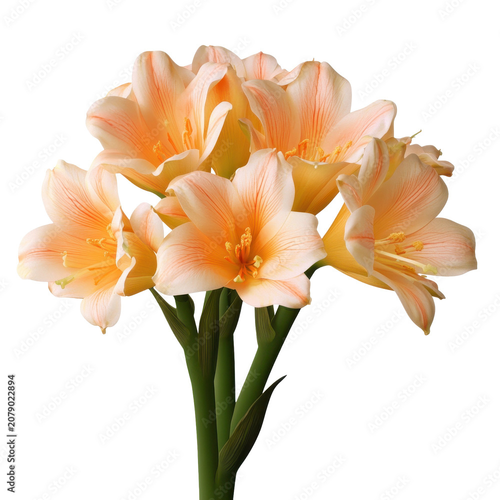 Obraz premium Elegant bouquet of peach-colored amaryllis blossoms with delicate veins isolated on white background