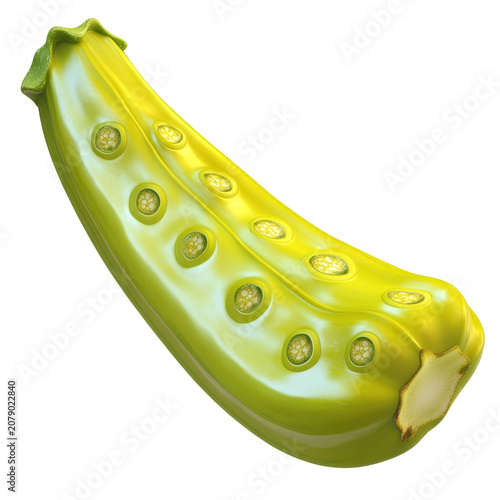 Vibrant cross-section of a zucchini revealing seed-filled cavities isolated on white background